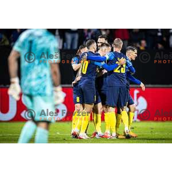 Franko Kovacevic, Darko Hrka and other players of NK Celje celebrate goal during UEFA Conference League 2025/26 football match between NK Celje (SLO) and AEK Athens (GRE) in Stadion z’dezele, Celje, Slovenia on October 2, 2025. Photo: Jure Banfi
