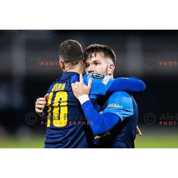 Danijel Sturm and Nikita Iosifov celebrate goal during UEFA Conference League 2025/26 football match between NK Celje (SLO) and AEK Athens (GRE) in Stadion z’dezele, Celje, Slovenia on October 2, 2025. Photo: Jure Banfi