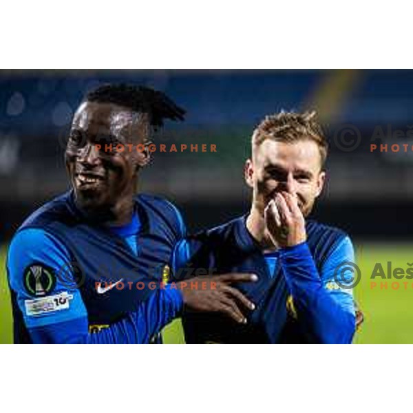 Papa Daniel and Rudi Vancas Pozeg celebrate during UEFA Conference League 2025/26 football match between NK Celje (SLO) and AEK Athens (GRE) in Stadion z’dezele, Celje, Slovenia on October 2, 2025. Photo: Jure Banfi