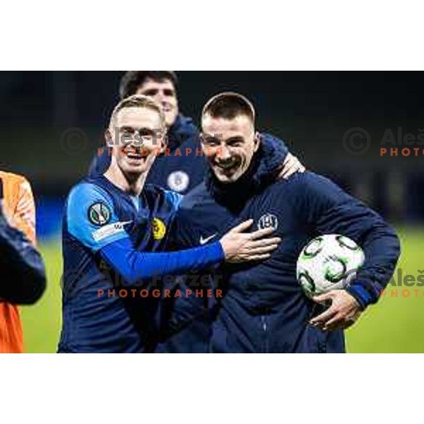 Zan Karnicnik and Franko Kovacevic celebrate after UEFA Conference League 2025/26 football match between NK Celje (SLO) and AEK Athens (GRE) in Stadion z’dezele, Celje, Slovenia on October 2, 2025. Photo: Jure Banfi