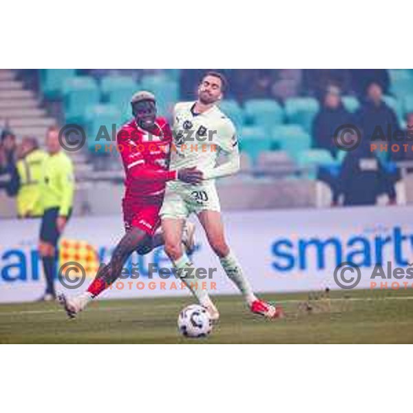 Jan Gorenc and Wisdom Sule in action during Prva liga Telemach 2025/2026 football match between Olimpija and Aluminij in SRC Stozice, Ljubljana, Slovenia on October 3, 2025