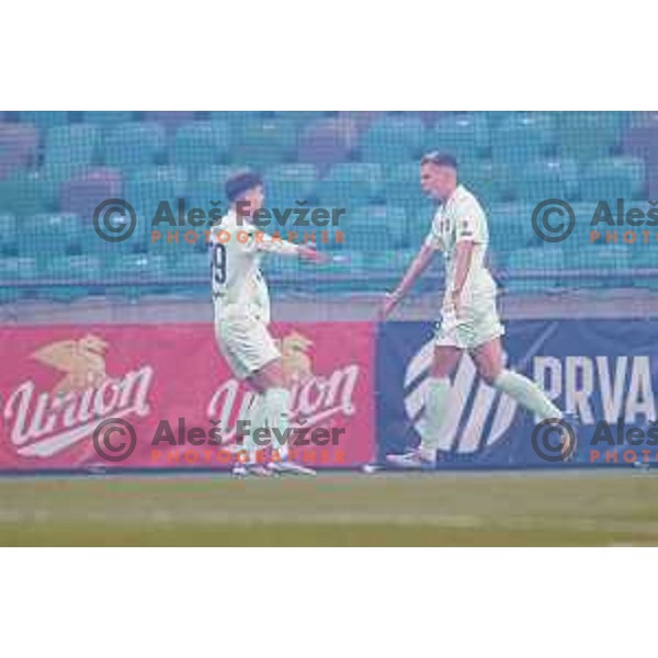 Antonio Marin and Ivan Durdov of Olimpija celebrate a goal during Prva liga Telemach 2025/2026 football match between Olimpija and Aluminij in SRC Stozice, Ljubljana, Slovenia on October 3, 2025