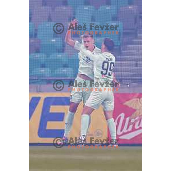 Antonio Marin and Ivan Durdov of Olimpija celebrate a goal during Prva liga Telemach 2025/2026 football match between Olimpija and Aluminij in SRC Stozice, Ljubljana, Slovenia on October 3, 2025