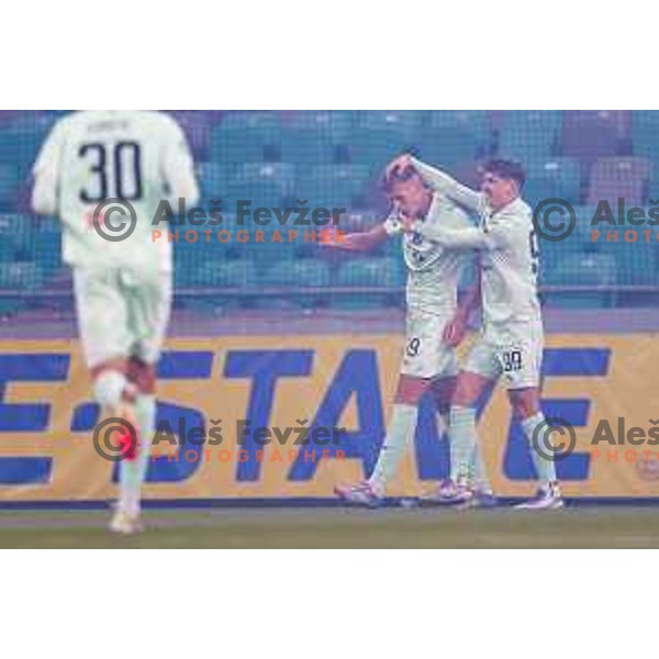 Antonio Marin and Ivan Durdov of Olimpija celebrate a goal during Prva liga Telemach 2025/2026 football match between Olimpija and Aluminij in SRC Stozice, Ljubljana, Slovenia on October 3, 2025
