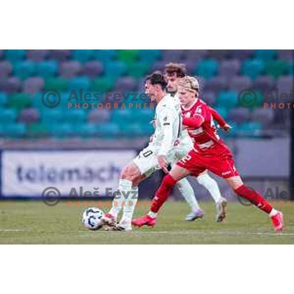 Vid Koderman and Dimitar Mitrovski in action during Prva liga Telemach 2025/2026 football match between Olimpija and Aluminij in SRC Stozice, Ljubljana, Slovenia on October 3, 2025