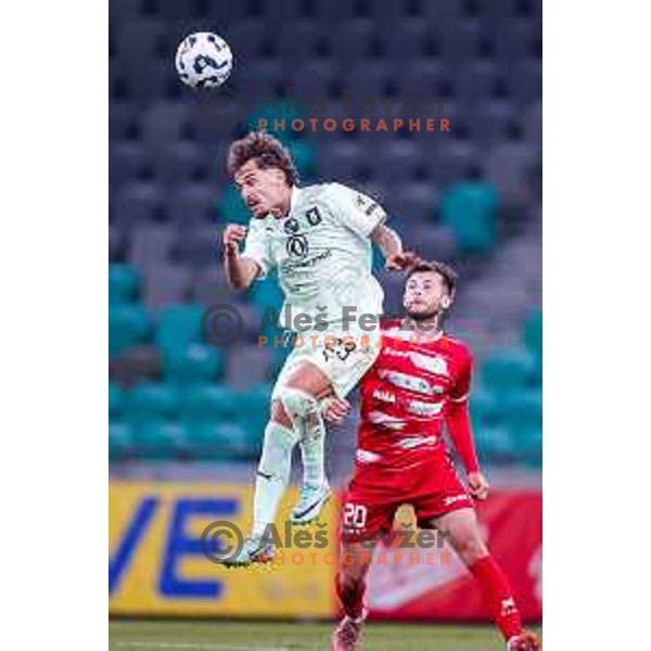 Diogo Pinto and Ivijan Svrznjak in action during Prva liga Telemach 2025/2026 football match between Olimpija and Aluminij in SRC Stozice, Ljubljana, Slovenia on October 3, 2025
