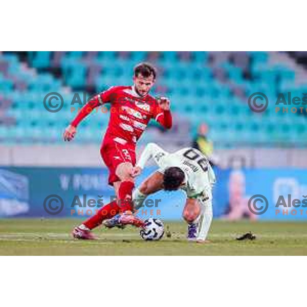 Ivijan Svrznjak and Antonio Marin in action during Prva liga Telemach 2025/2026 football match between Olimpija and Aluminij in SRC Stozice, Ljubljana, Slovenia on October 3, 2025