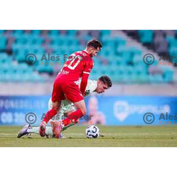 Ivijan Svrznjak and Antonio Marin in action during Prva liga Telemach 2025/2026 football match between Olimpija and Aluminij in SRC Stozice, Ljubljana, Slovenia on October 3, 2025