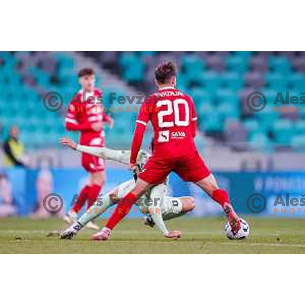 Ivijan Svrznjak and Antonio Marin in action during Prva liga Telemach 2025/2026 football match between Olimpija and Aluminij in SRC Stozice, Ljubljana, Slovenia on October 3, 2025