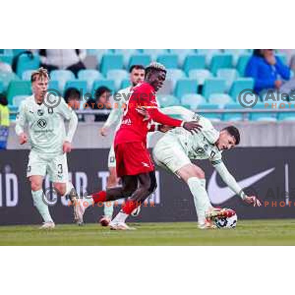 Wisdom Sule and Ahmet Muhamedbegovic in action during Prva liga Telemach 2025/2026 football match between Olimpija and Aluminij in SRC Stozice, Ljubljana, Slovenia on October 3, 2025