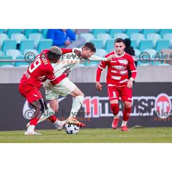 Wisdom Sule and Ahmet Muhamedbegovic in action during Prva liga Telemach 2025/2026 football match between Olimpija and Aluminij in SRC Stozice, Ljubljana, Slovenia on October 3, 2025