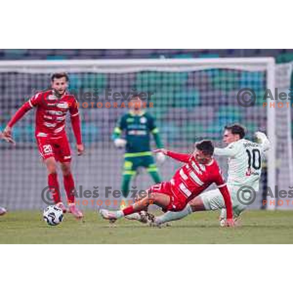 Petar Petrisko and Dimitar Mitrovski in action during Prva liga Telemach 2025/2026 football match between Olimpija and Aluminij in SRC Stozice, Ljubljana, Slovenia on October 3, 2025