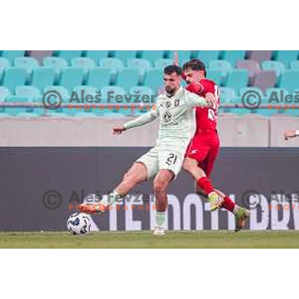 Jurgen Celhaka and Emir Saitoski in action during Prva liga Telemach 2025/2026 football match between Olimpija and Aluminij in SRC Stozice, Ljubljana, Slovenia on October 3, 2025