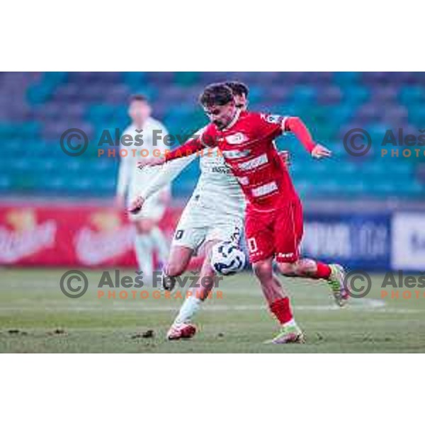 Jurgen Celhaka and Emir Saitoski in action during Prva liga Telemach 2025/2026 football match between Olimpija and Aluminij in SRC Stozice, Ljubljana, Slovenia on October 3, 2025