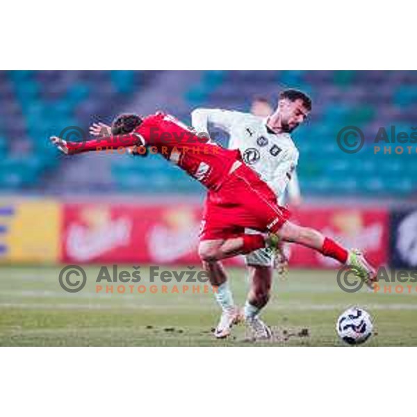 Jurgen Celhaka and Emir Saitoski in action during Prva liga Telemach 2025/2026 football match between Olimpija and Aluminij in SRC Stozice, Ljubljana, Slovenia on October 3, 2025