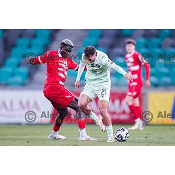Wisdom Sule and Jurgen Celhaka in action during Prva liga Telemach 2025/2026 football match between Olimpija and Aluminij in SRC Stozice, Ljubljana, Slovenia on October 3, 2025