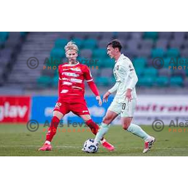 Petar Petrisko and Dimitar Mitrovski in action during Prva liga Telemach 2025/2026 football match between Olimpija and Aluminij in SRC Stozice, Ljubljana, Slovenia on October 3, 2025