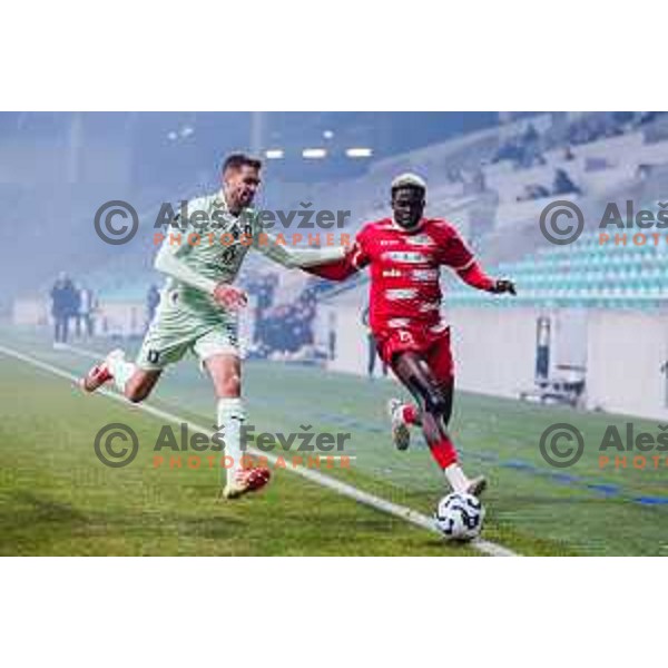 Jan Gorenc and Wisdom Sule in action during Prva liga Telemach 2025/2026 football match between Olimpija and Aluminij in SRC Stozice, Ljubljana, Slovenia on October 3, 2025