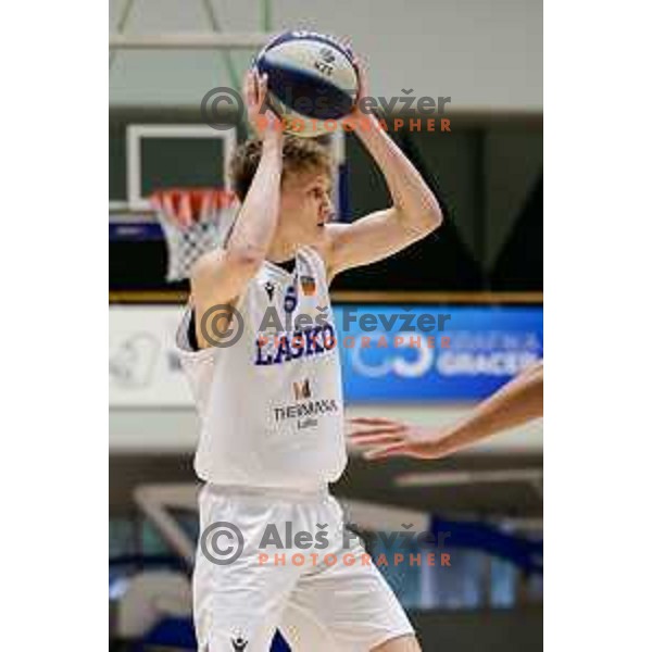 Gal Cop of Lasko in action during OTP Bank League 2025/2026 basketball match between Lasko and Rogaska in Tri Lilije Hall, Lasko, Slovenia on October 4, 2025