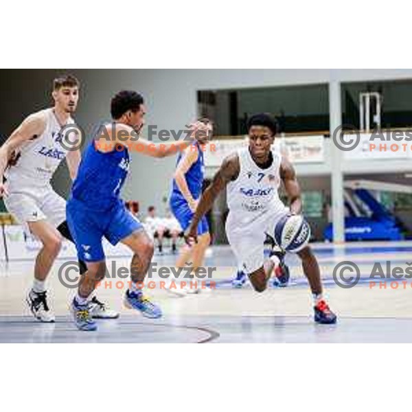 Dezmond Jones and Nigel Scantlebury in action during OTP Bank League 2025/2026 basketball match between Lasko and Rogaska in Tri Lilije Hall, Lasko, Slovenia on October 4, 2025