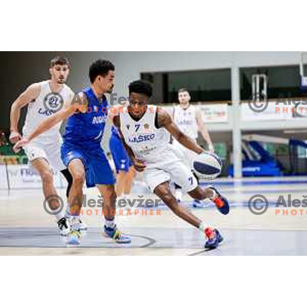 Dezmond Jones and Nigel Scantlebury in action during OTP Bank League 2025/2026 basketball match between Lasko and Rogaska in Tri Lilije Hall, Lasko, Slovenia on October 4, 2025