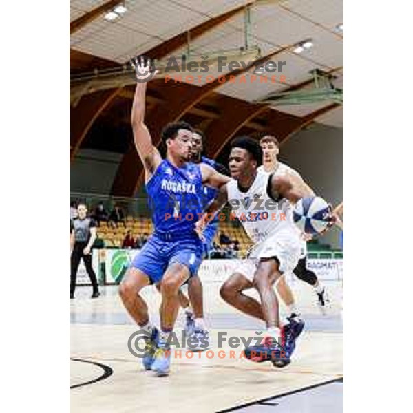 Dezmond Jones and Nigel Scantlebury in action during OTP Bank League 2025/2026 basketball match between Lasko and Rogaska in Tri Lilije Hall, Lasko, Slovenia on October 4, 2025