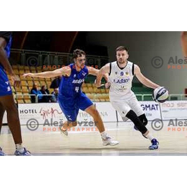 Tadej Ferme and Alen Zulic of Lasko in action during OTP Bank League 2025/2026 basketball match between Lasko and Rogaska in Tri Lilije Hall, Lasko, Slovenia on October 4, 2025