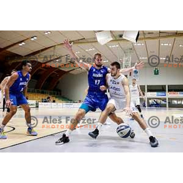 David Krizanic and Erolt Rrahmani in action during OTP Bank League 2025/2026 basketball match between Lasko and Rogaska in Tri Lilije Hall, Lasko, Slovenia on October 4, 2025