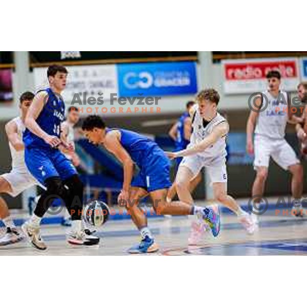Gal Cop of Lasko in action during OTP Bank League 2025/2026 basketball match between Lasko and Rogaska in Tri Lilije Hall, Lasko, Slovenia on October 4, 2025