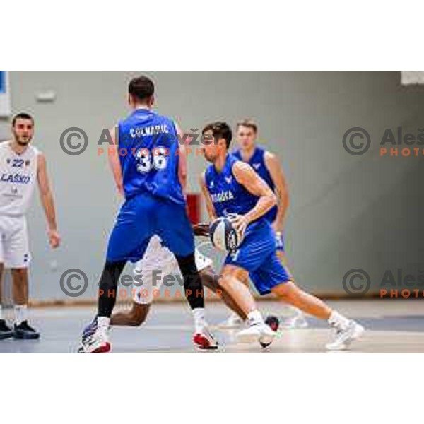 Tadej Ferme in action during OTP Bank League 2025/2026 basketball match between Lasko and Rogaska in Tri Lilije Hall, Lasko, Slovenia on October 4, 2025
