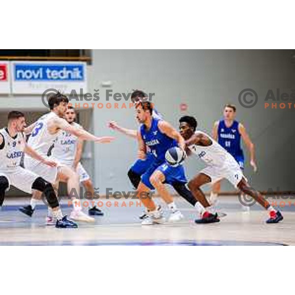 Tadej Ferme in action during OTP Bank League 2025/2026 basketball match between Lasko and Rogaska in Tri Lilije Hall, Lasko, Slovenia on October 4, 2025