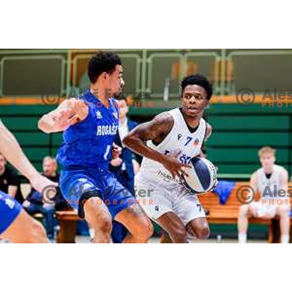 Dezmond Jones and Nigel Scantlebury in action during OTP Bank League 2025/2026 basketball match between Lasko and Rogaska in Tri Lilije Hall, Lasko, Slovenia on October 4, 2025
