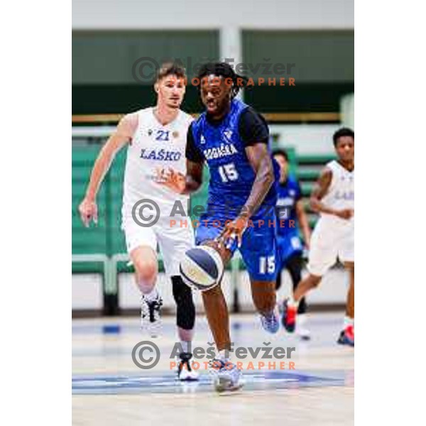 Jaw Obeng-Mensah in action during OTP Bank League 2025/2026 basketball match between Lasko and Rogaska in Tri Lilije Hall, Lasko, Slovenia on October 4, 2025