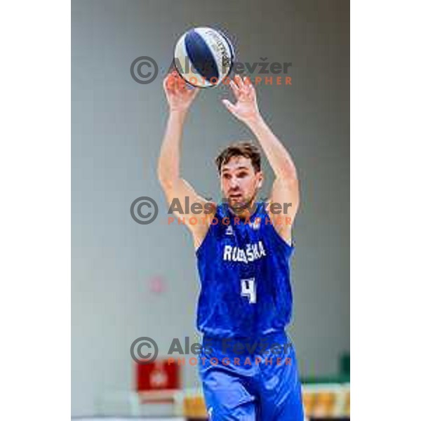 Tadej Ferme in action during OTP Bank League 2025/2026 basketball match between Lasko and Rogaska in Tri Lilije Hall, Lasko, Slovenia on October 4, 2025