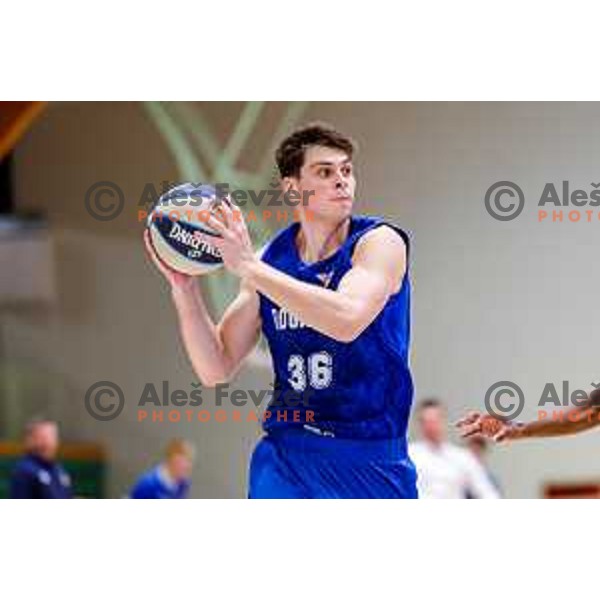 Tadej Colnaric in action during OTP Bank League 2025/2026 basketball match between Lasko and Rogaska in Tri Lilije Hall, Lasko, Slovenia on October 4, 2025