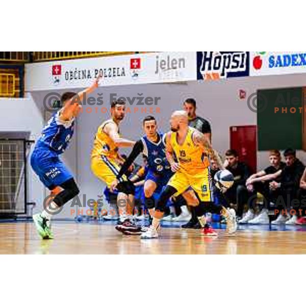 Jure Pelko and Miha Vasl in action during OTP Bank League 2025/2026 basketball match between Hopsi Polzela and Sentjur in Polzela, Slovenia on October 4, 2025 
