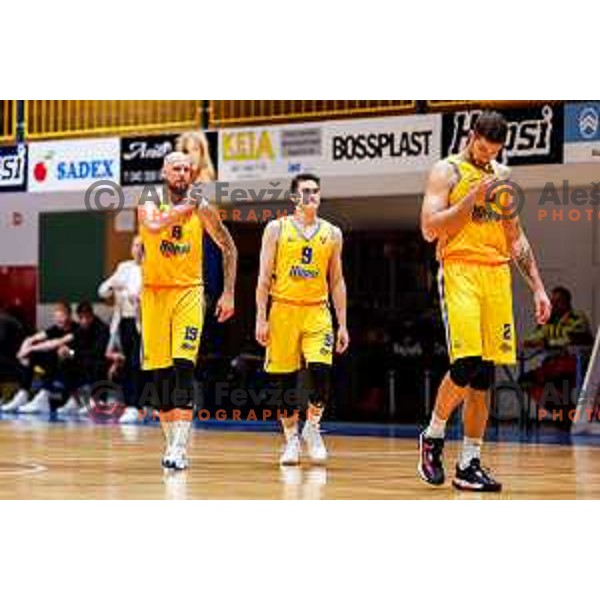 Miha Vasl and Nejc Baric in action during OTP Bank League 2025/2026 basketball match between Hopsi Polzela and Sentjur in Polzela, Slovenia on October 4, 2025