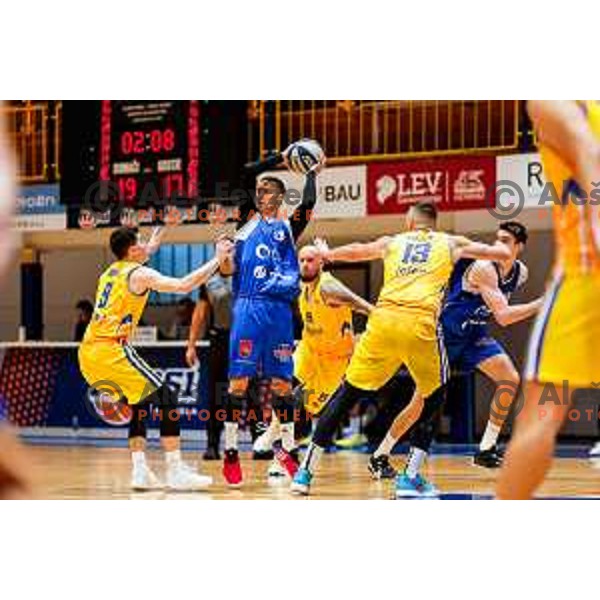 Jure Pelko in action during OTP Bank League 2025/2026 basketball match between Hopsi Polzela and Sentjur in Polzela, Slovenia on October 4, 2025 