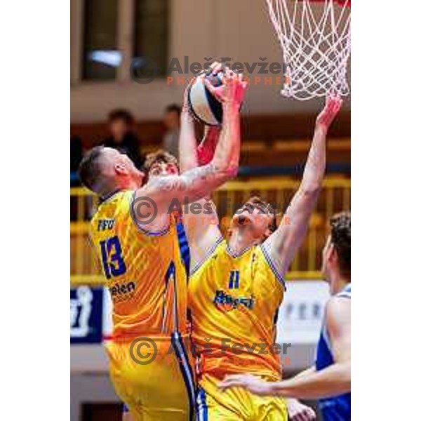 Ziga Fifolt and Nik Dragan in action during OTP Bank League 2025/2026 basketball match between Hopsi Polzela and Sentjur in Polzela, Slovenia on October 4, 2025 