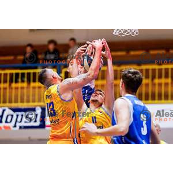 Ziga Fifolt and Nik Dragan in action during OTP Bank League 2025/2026 basketball match between Hopsi Polzela and Sentjur in Polzela, Slovenia on October 4, 2025 