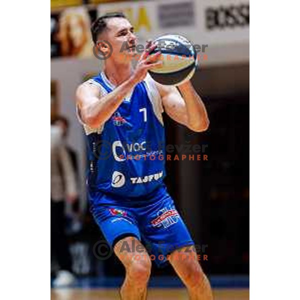 Jure Span in action during OTP Bank League 2025/2026 basketball match between Hopsi Polzela and Sentjur in Polzela, Slovenia on October 4, 2025