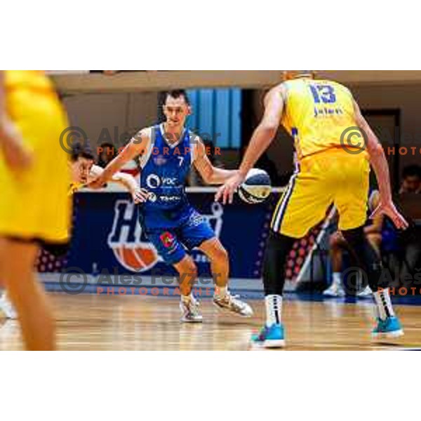 Jure Span in action during OTP Bank League 2025/2026 basketball match between Hopsi Polzela and Sentjur in Polzela, Slovenia on October 4, 2025