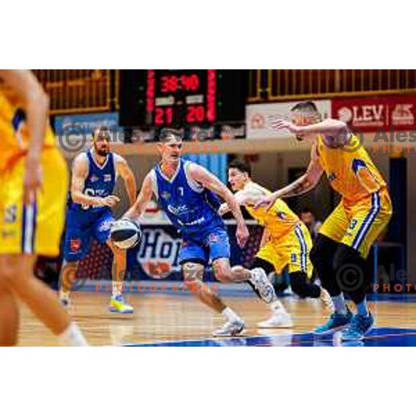 Jure Span in action during OTP Bank League 2025/2026 basketball match between Hopsi Polzela and Sentjur in Polzela, Slovenia on October 4, 2025