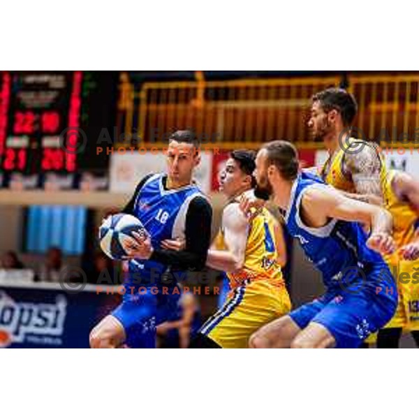 Jure Pelko in action during OTP Bank League 2025/2026 basketball match between Hopsi Polzela and Sentjur in Polzela, Slovenia on October 4, 2025 