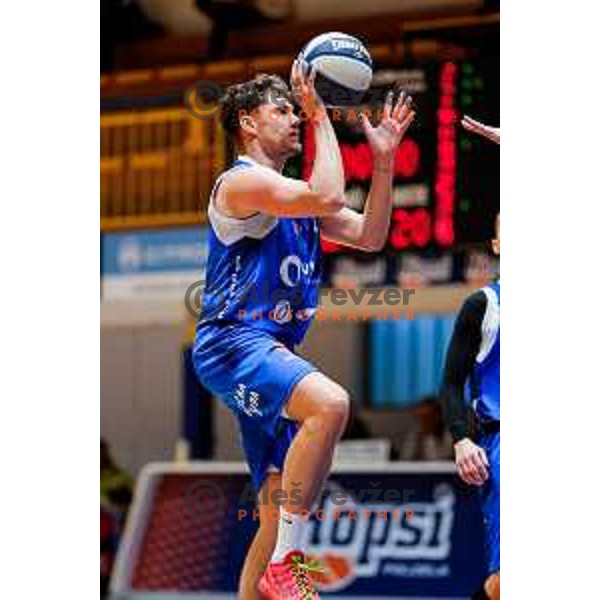 Jan Dornik in action during OTP Bank League 2025/2026 basketball match between Hopsi Polzela and Sentjur in Polzela, Slovenia on October 4, 2025 