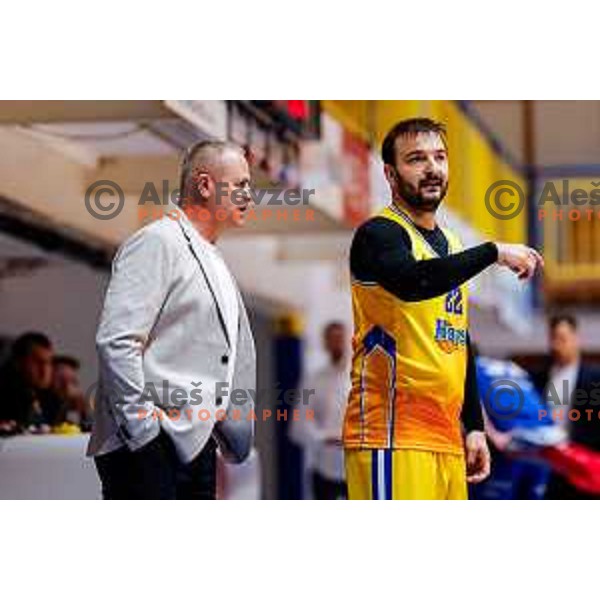 Sasa Matenicarski, head coach of Hopsi Polzela and Daniel Vujasinovic in action during OTP Bank League 2025/2026 basketball match between Hopsi Polzela and Sentjur in Polzela, Slovenia on October 4, 2025