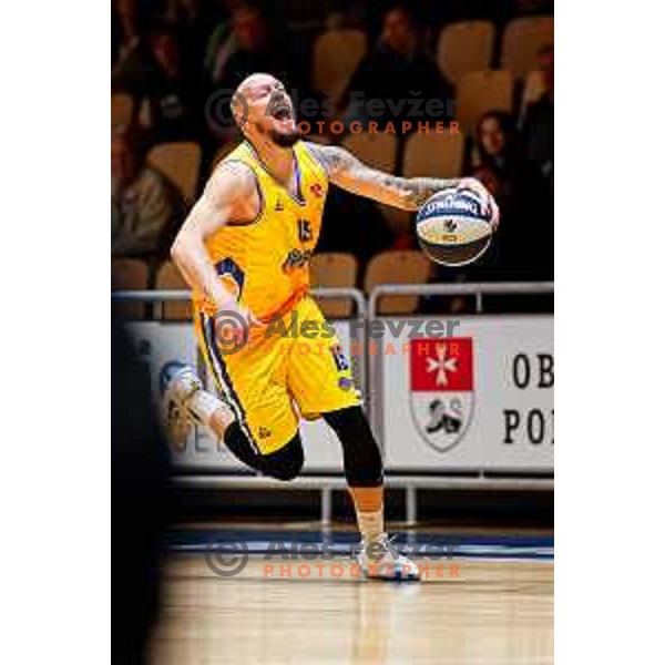 Miha Vasl in action during OTP Bank League 2025/2026 basketball match between Hopsi Polzela and Sentjur in Polzela, Slovenia on October 4, 2025 