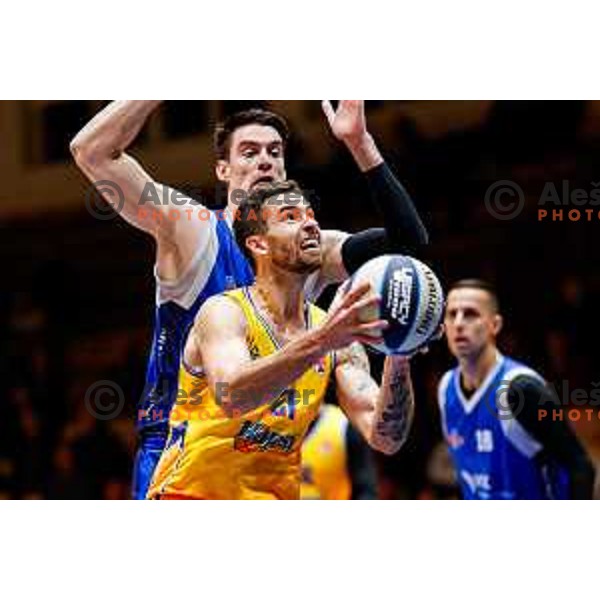 Nik Dragan in action during OTP Bank League 2025/2026 basketball match between Hopsi Polzela and Sentjur in Polzela, Slovenia on October 4, 2025 
