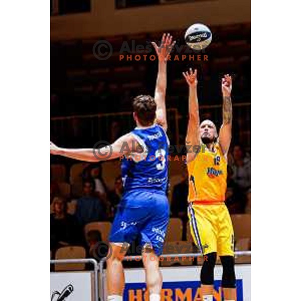 Miha Vasl in action during OTP Bank League 2025/2026 basketball match between Hopsi Polzela and Sentjur in Polzela, Slovenia on October 4, 2025 