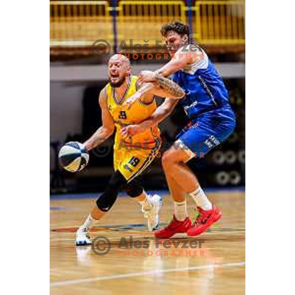 Miha Vasl in action during OTP Bank League 2025/2026 basketball match between Hopsi Polzela and Sentjur in Polzela, Slovenia on October 4, 2025 